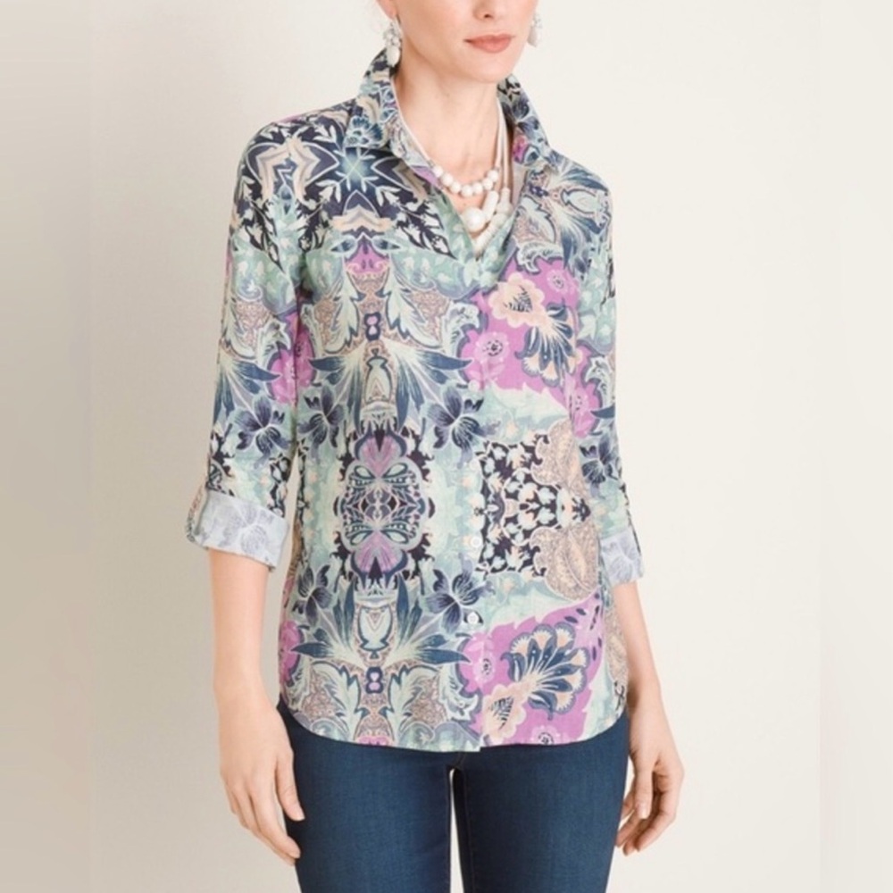 Chico’s No Iron 100% Linen Floral Roll-Tab Shirt sz 0 (4-6)